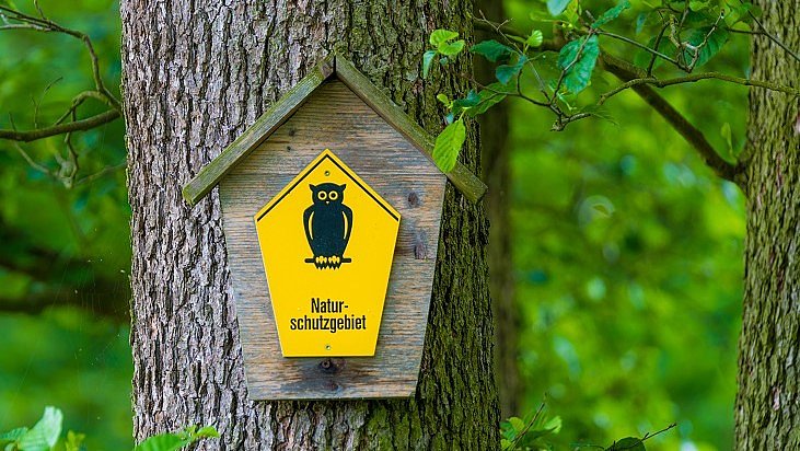 FÖJ Naturschutzzentrum: Ein gelbes Schild mit der Aufschrift Naturschutzgebiet, das an einem Baum angebracht ist
